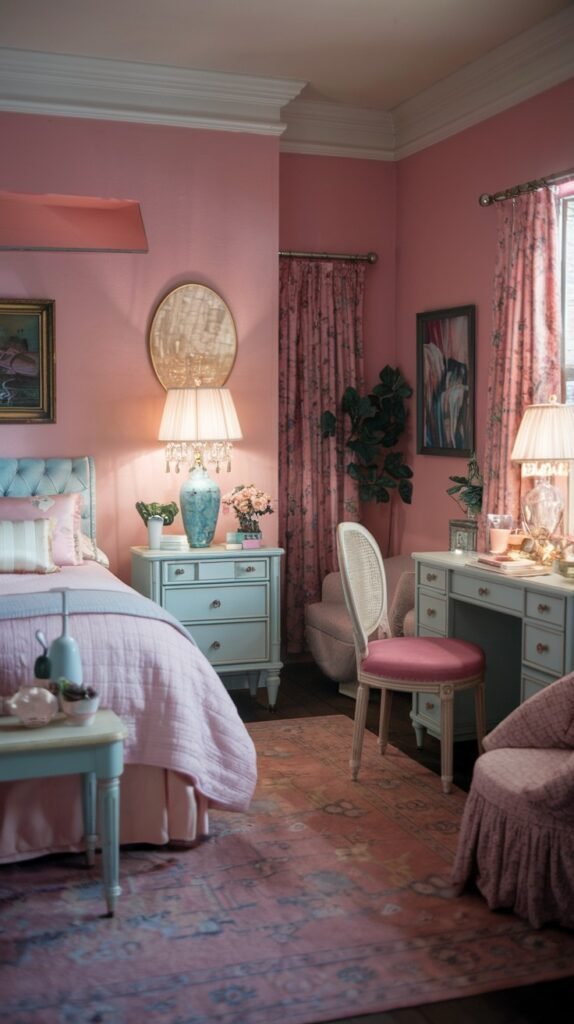 A traditional and pretty gentle bedroom in pink hues, featuring a light blue tufted bed, matching nightstand and desk, patterned pink curtains, and an ornate rug.