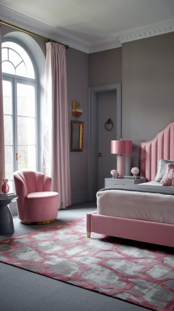 A stylish and pretty gentle bedroom with grey walls and vibrant pink furniture, including a tall upholstered bed, a pink velvet armchair, and a geometric grey and pink rug.