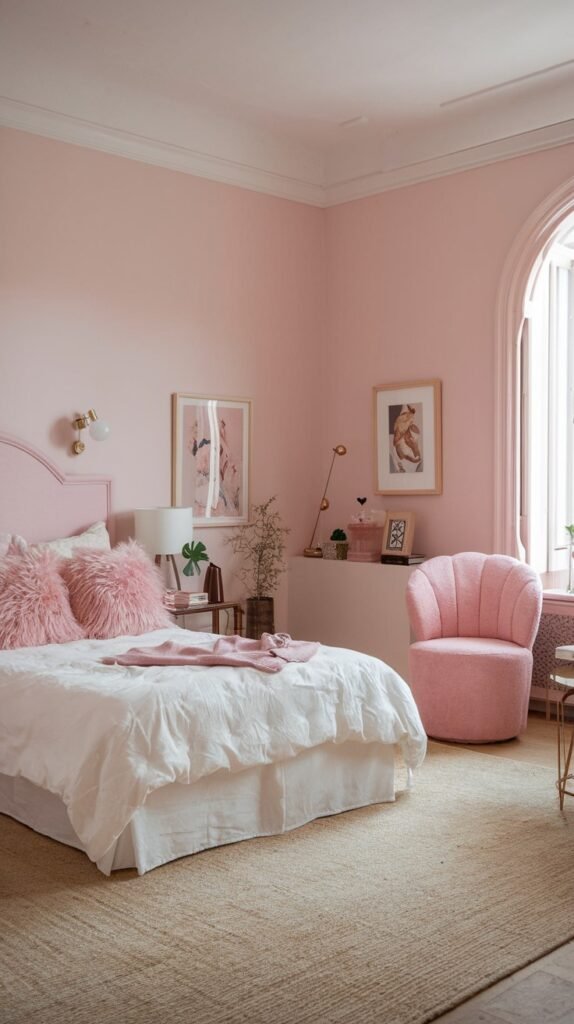 A bright and pretty gentle bedroom with pink walls, a pink upholstered headboard, white bedding with fluffy pink pillows, and a unique pink scallop-backed armchair.