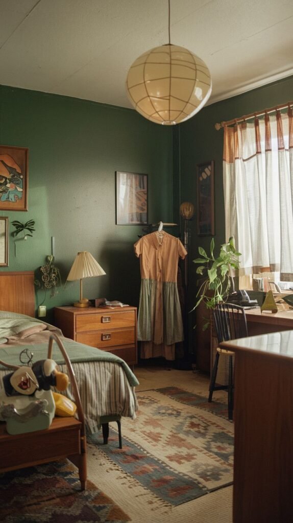 A bedroom with radiant dark green walls, a wooden bed, a vintage dress hanging, a unique round light fixture, and a patterned rug, creating a cozy and artistic atmosphere.