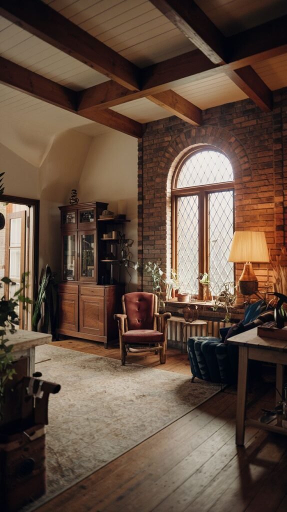 A rustic and radiant living area with exposed wooden ceiling beams, a striking brick wall with a large arched window, a red armchair, and various plants, exuding a warm ambiance.