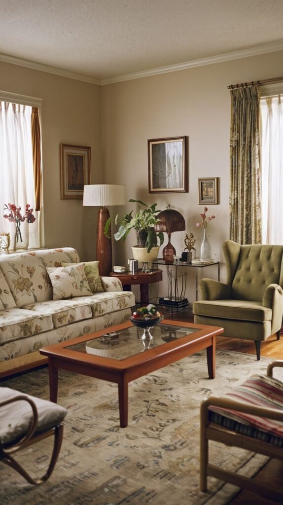 A radiant living room featuring a floral patterned sofa, a green winged armchair, a wooden coffee table with a glass top, and a variety of decorative lamps and items.