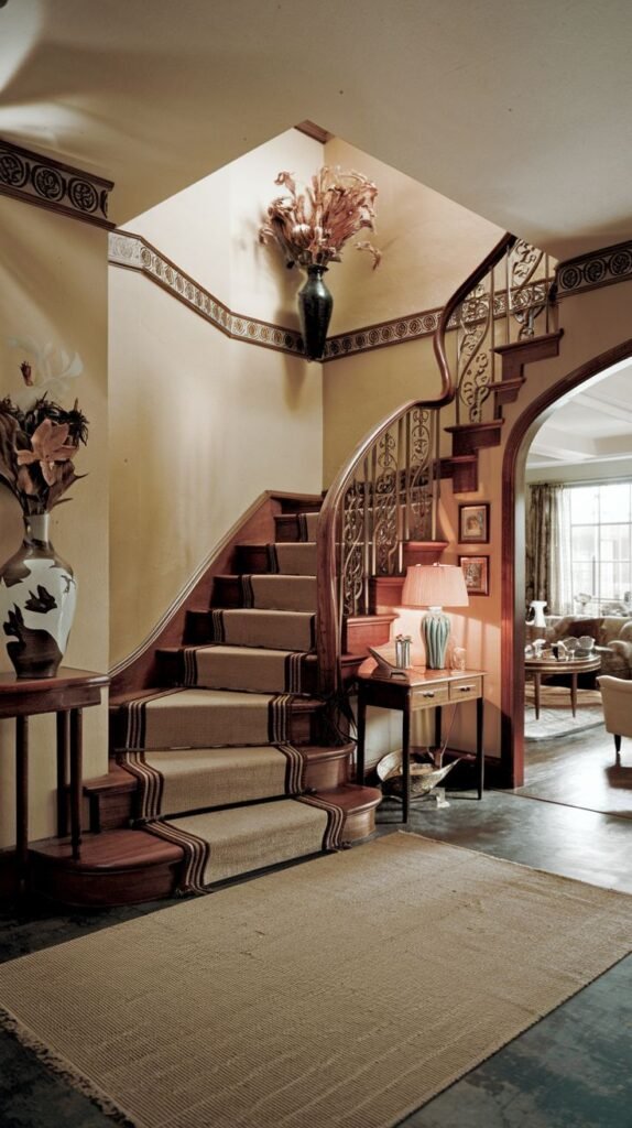 An elegant and radiant entryway with a grand curved wooden staircase, a patterned stair runner, ornate wall borders, and a console table with a lamp and flowers, leading into another room.