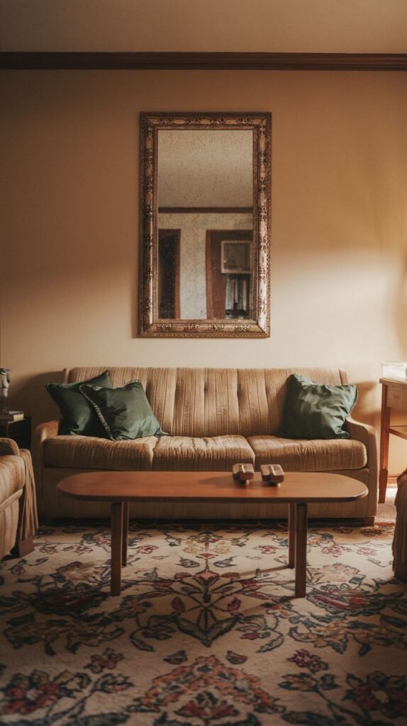 A cozy living room featuring a radiant golden-brown sofa adorned with dark green pillows, a simple wooden coffee table, and an elaborate gold-framed mirror reflecting the subtle warmth of the room.