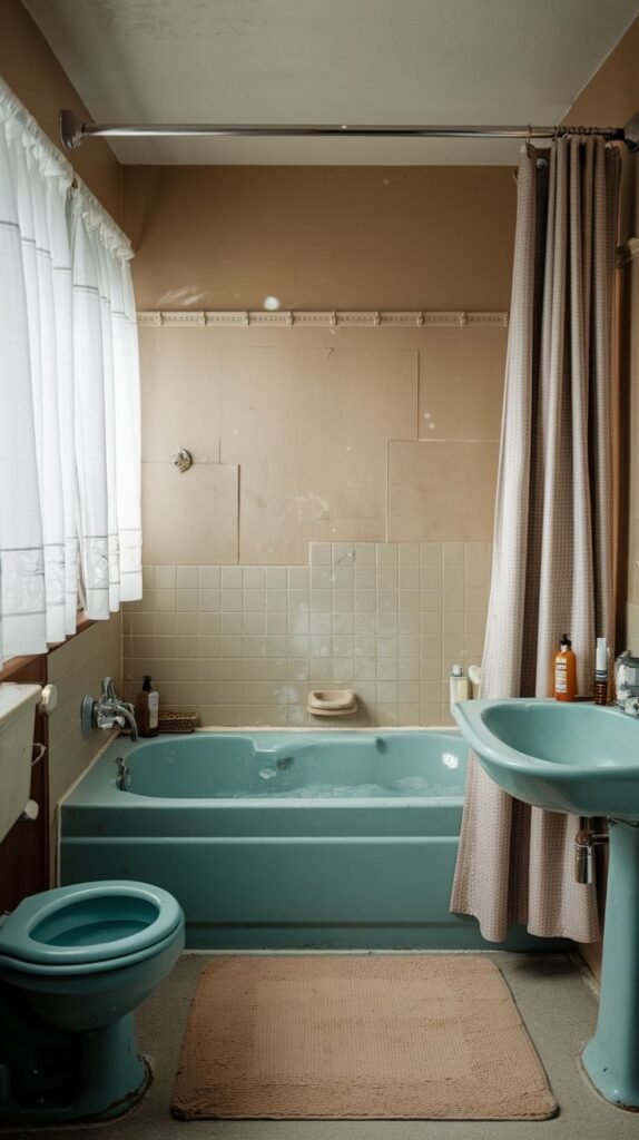 A vintage-style bathroom showcasing a radiant teal bathtub, matching toilet, and pedestal sink, with a white shower curtain and a window that lets in soft light.
