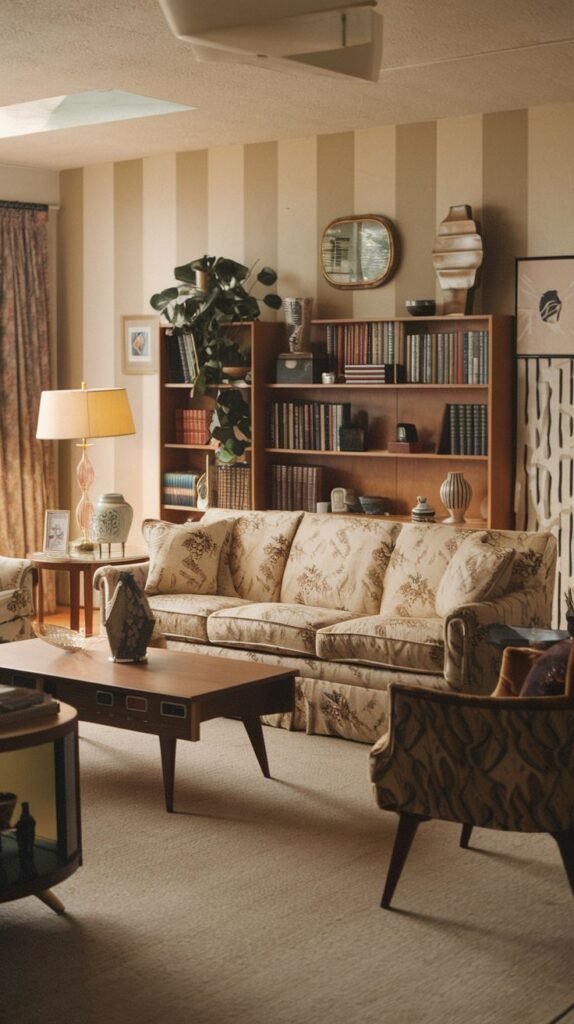 A sophisticated living room with a radiant floral-patterned sofa, a classic wooden coffee table, and a large wooden bookcase filled with items, set against a background of striped wallpaper.
