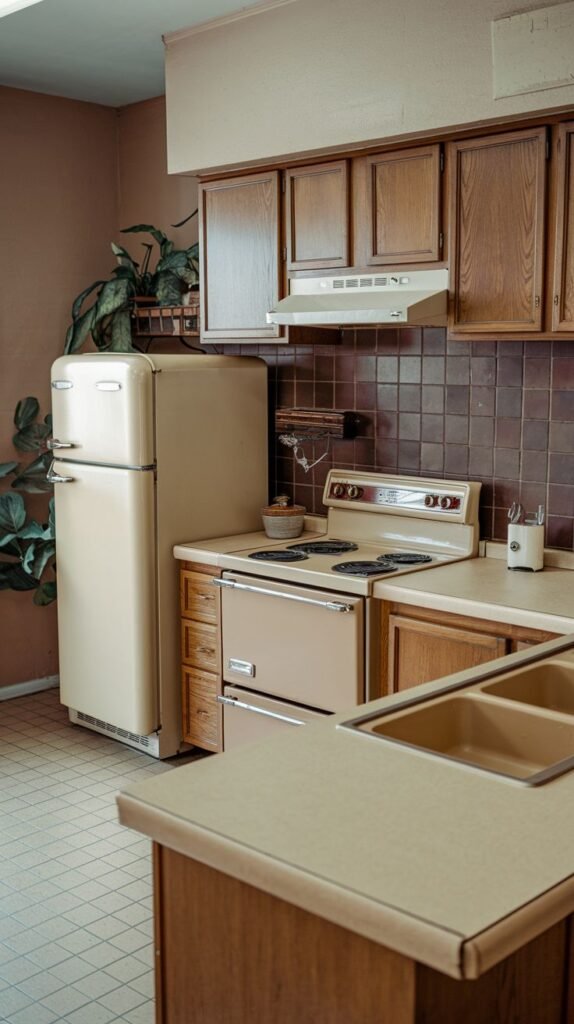 A radiant retro kitchen featuring cream-colored appliances, including a refrigerator and a stove, dark wood cabinets, and brown tiled walls, suggesting a well-preserved classic design.