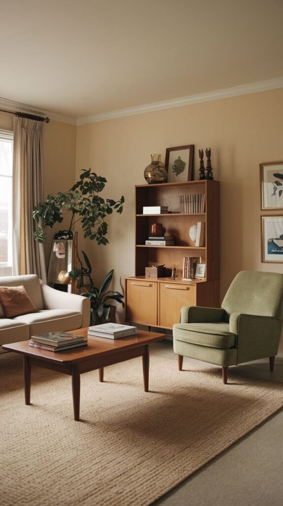 A bright living room with a radiant cream-colored sofa, a green armchair, a wooden coffee table, a tall wooden bookshelf, and a large leafy plant near a window.