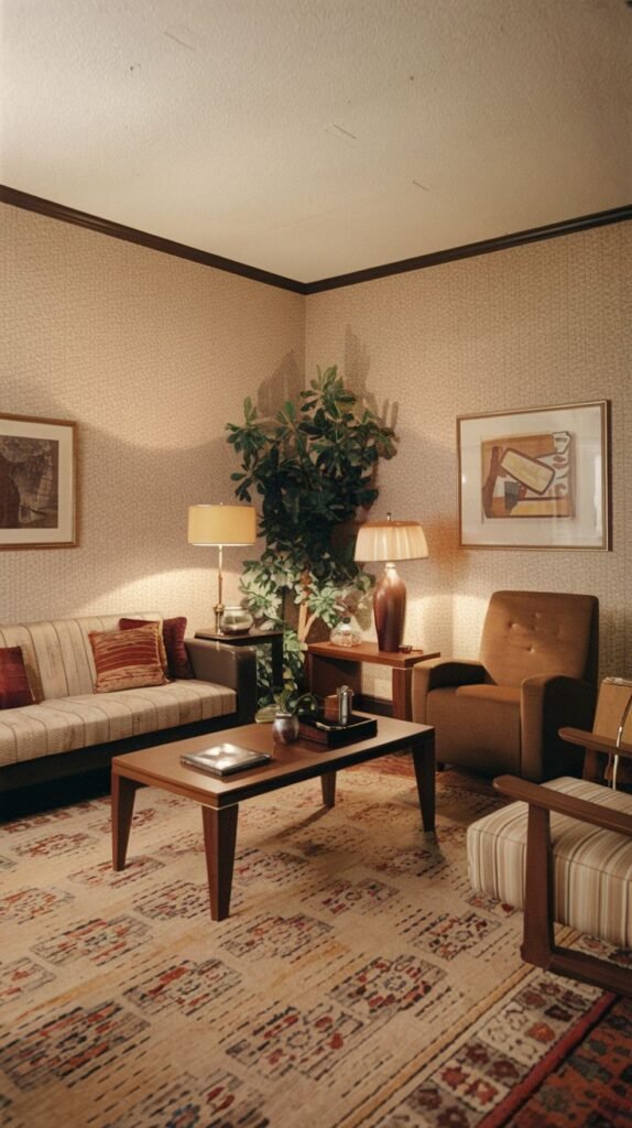 A radiant living room with a striped sofa, a brown armchair, a wooden coffee table, and a large plant, all within a room featuring textured, patterned wallpaper.