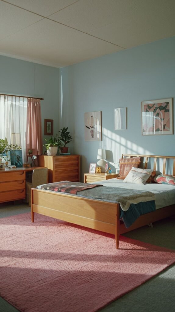 A bright bedroom with radiant light blue walls, a wooden bed, a large pink rug, and framed artwork, with sunlight streaming through the window.