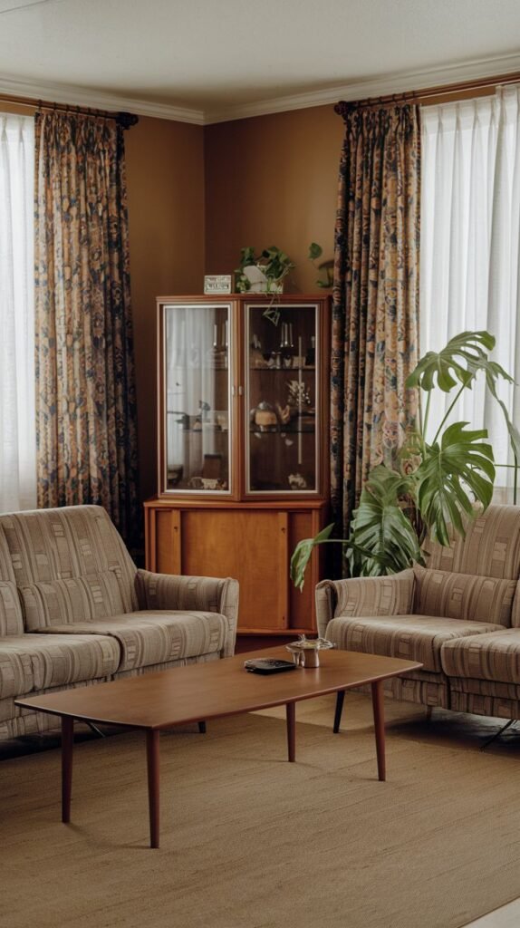 A warm living room containing two radiant striped sofas, a wooden coffee table, a glass-front display cabinet, and large indoor plants, complemented by patterned drapes.