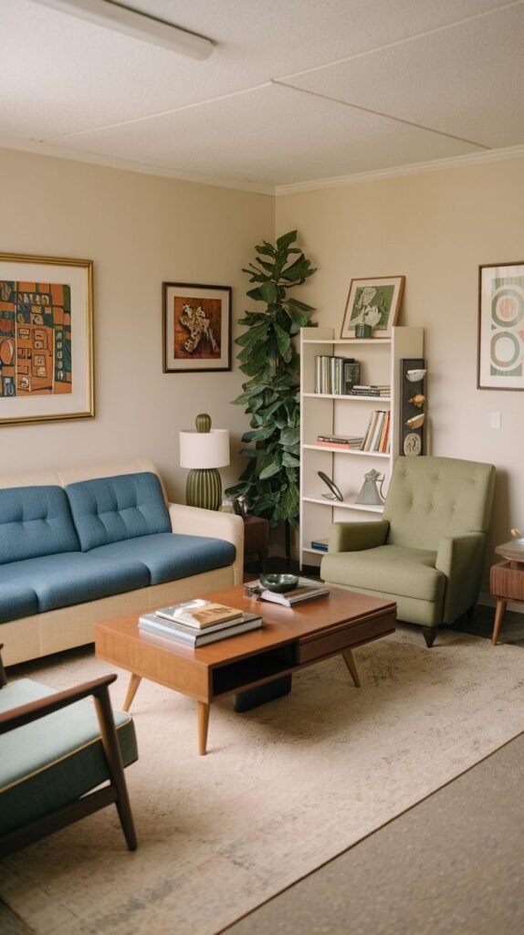 A contemporary living room with a cream sofa and radiant blue cushions, a green armchair, a modern wooden coffee table, a white bookshelf, and various framed artworks.