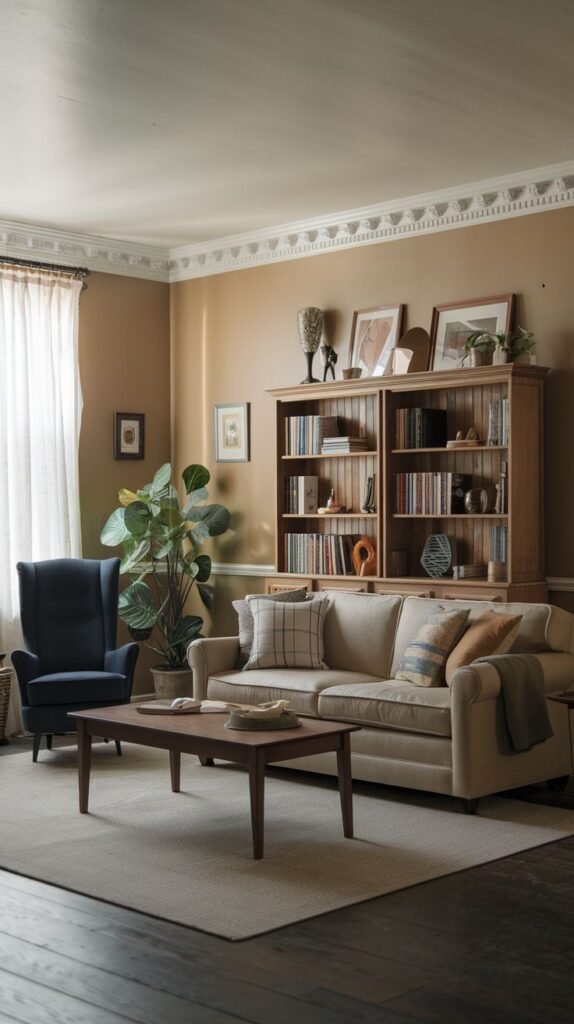 A well-appointed living room with a radiant beige sofa, a dark blue armchair, a wooden coffee table, a substantial wooden bookcase, and artwork on the wall, filled with natural light.