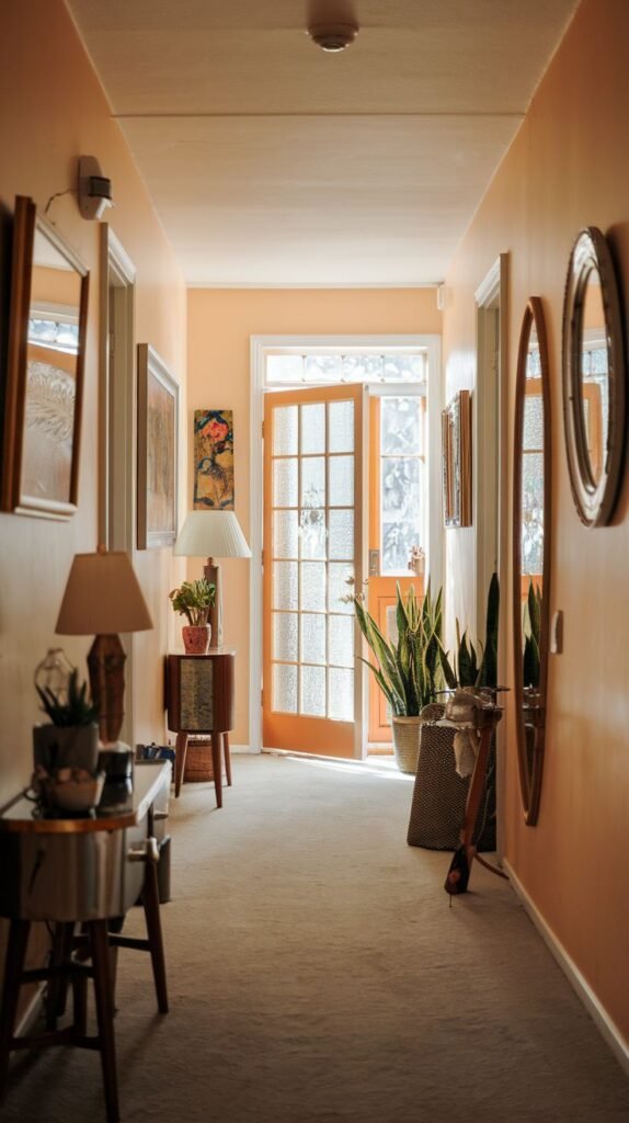 A long, radiant hallway with peach-colored walls, leading to an open wooden door with frosted glass, and decorated with mirrors, lamps, and potted plants.