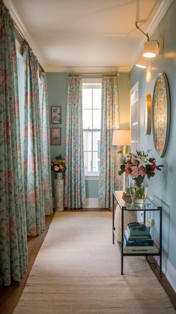 A radiant hallway with light blue walls and windows draped with floral curtains, featuring a glass console table adorned with flowers and books, and oval mirrors.
