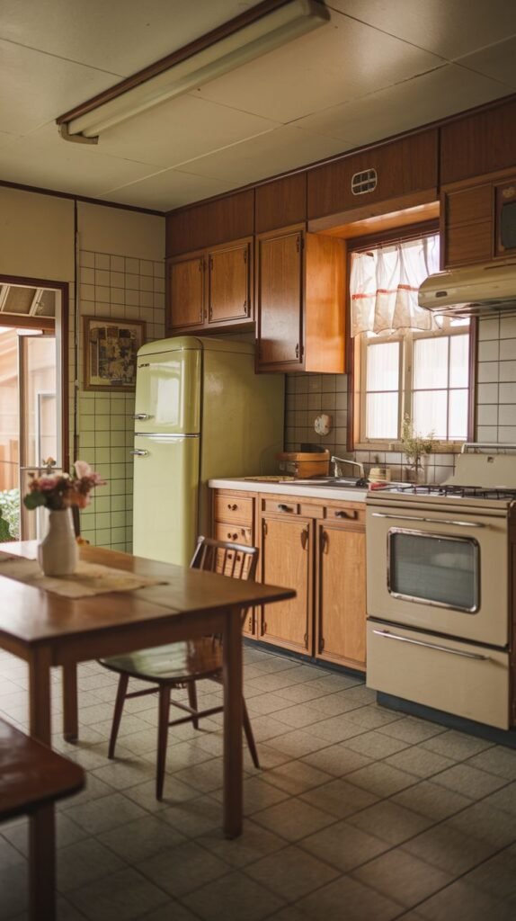 A radiant retro kitchen with light green and cream appliances, wooden cabinets, and a wooden dining table with chairs, under a long fluorescent light fixture.