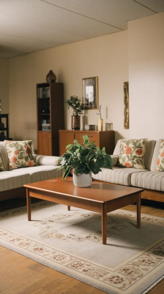 A spacious living room featuring two radiant striped sofas with floral cushions, a wooden coffee table with a potted plant, and a wooden cabinet in the background, set on a large patterned rug.
