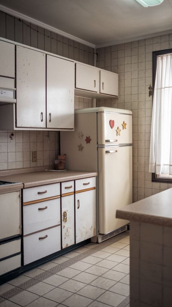 A radiant, older kitchen with white cabinets, a cream-colored refrigerator adorned with star and heart magnets, and tiled walls and floor, suggesting a well-loved space.