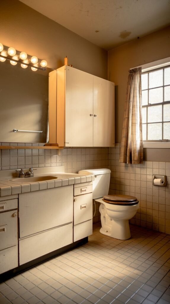A bathroom with a radiant light casting shadows on the tiled floor, featuring a white vanity with a sink, a toilet with a wooden seat, and a window with a sheer curtain.