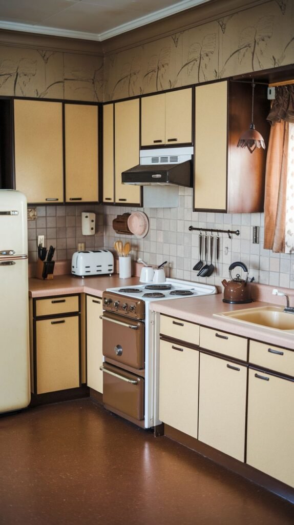 A radiant kitchen with cream and brown cabinetry, coordinating stove and refrigerator, and a tiled backsplash, creating a cohesive and inviting space.