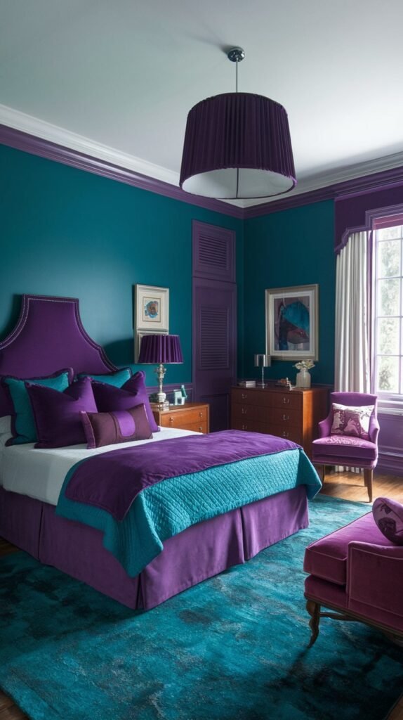 A vibrant bedroom with teal walls and purple trim features a large purple upholstered headboard. The bed is covered with purple and teal bedding. A large pleated purple drum pendant light hangs from the ceiling. A purple armchair is visible near a window with light curtains. The floor is covered with a teal and blue abstract patterned rug.