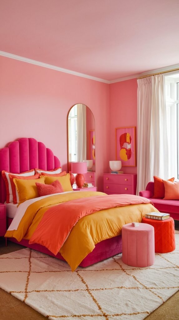 A vibrant and feminine bedroom with hot pink walls and a matching pink scallop-shaped headboard. The bed features orange and yellow bedding. A pink dresser and various pink and orange accent furniture pieces, including a small sofa and ottomans, are in the room. A light-colored rug with a grid pattern is on the floor.