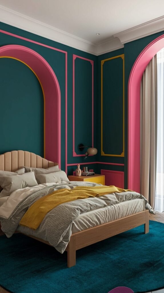 A bold and modern bedroom with dark teal walls contrasted by hot pink and yellow trim that outlines decorative arched wall details. A light beige upholstered bed frame is centrally placed. A yellow nightstand with a lamp is beside the bed. A dark teal rug covers the floor.
