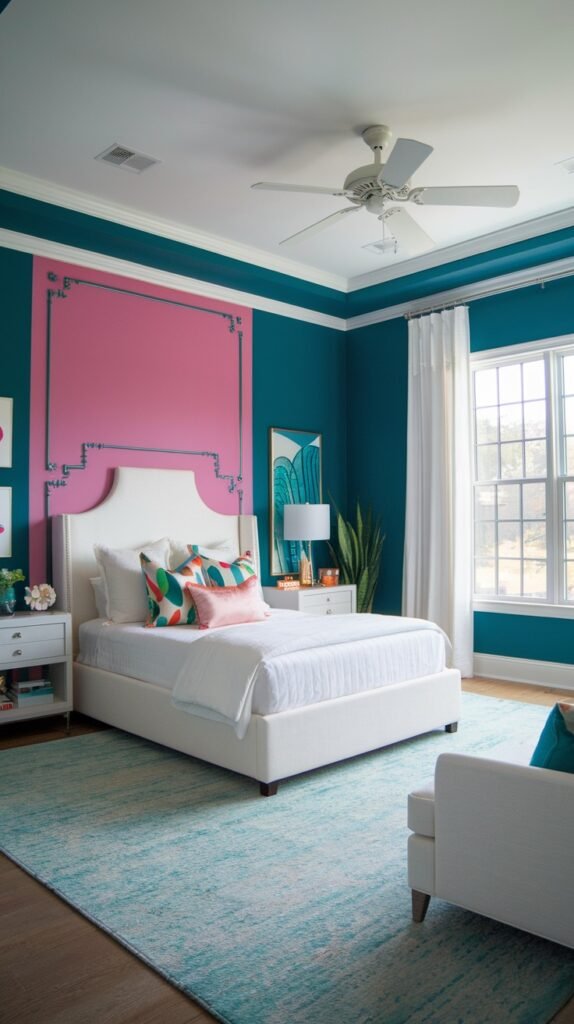 A bright bedroom with teal walls and a white ceiling, featuring a pink rectangular accent panel on one wall with decorative trim. A white upholstered bed with colorful pillows is in the center. White nightstands with lamps are on either side. A light blue and white textured rug covers the floor. A white ceiling fan is visible.