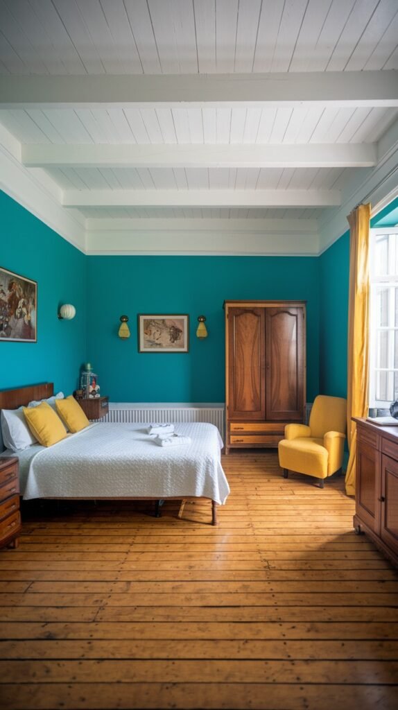 A bedroom with teal walls and a white exposed beam ceiling. A wooden bed frame with white bedding and yellow pillows is against the wall. A large wooden wardrobe and a yellow armchair are also present. The room has hardwood floors and yellow curtains framing a window.