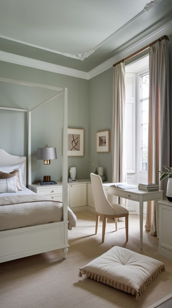 A calm and bright bedroom with light sage green walls and a white four-poster bed. A white desk with a chair is near a large window with light-colored curtains. The room is furnished with light-colored furniture and decor, including a floor cushion with tassels. A light beige rug covers the floor.