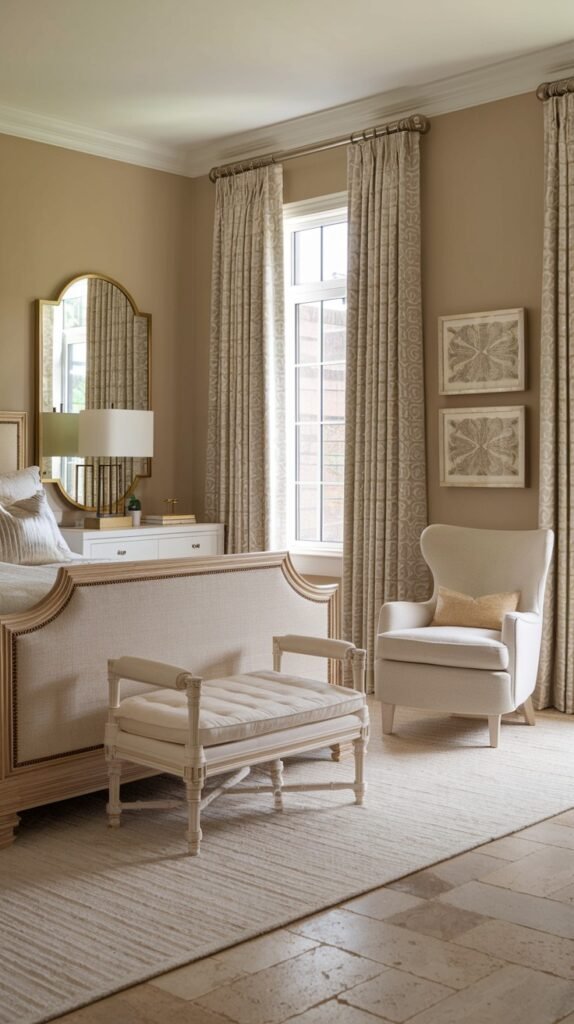 A neutral-toned bedroom with beige walls. The bed has a light beige upholstered headboard with nailhead trim. A long white upholstered bench is at the foot of the bed. A white armchair and a gold-framed mirror above a dresser are also in the room. Patterned light curtains adorn the window. A light beige patterned rug lies on a stone-tiled floor.