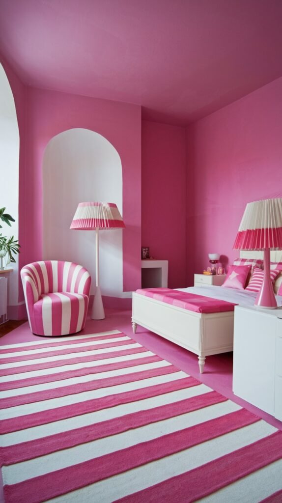 A monochromatic pink bedroom with hot pink walls, ceiling, and rug. The rug features wide pink and white stripes. A white bed frame is adorned with pink bedding. A pink and white striped armchair and a tall pink lamp with a pleated shade are prominent. White nightstands are beside the bed.