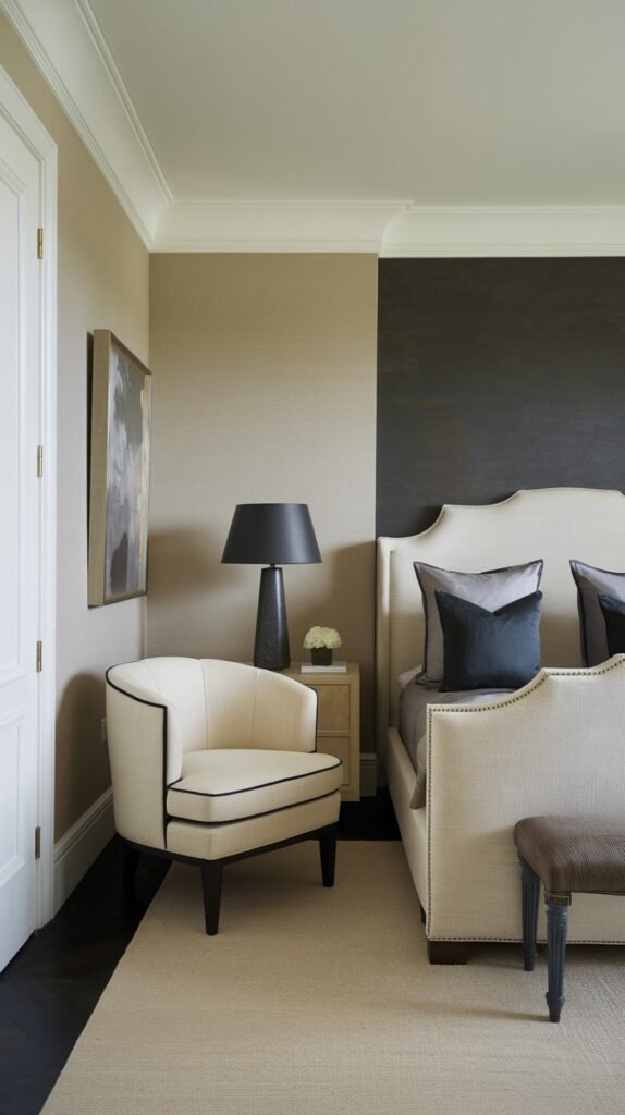 A neutral bedroom with beige walls and a dark accent wall behind the bed. The bed has a light beige upholstered headboard and dark grey bedding. A cream-colored armchair with black piping is positioned in the foreground. A black lamp is on a nightstand. A light beige rug is on the dark wood floor.