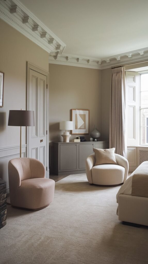 A serene bedroom in light grey and beige tones with elaborate white crown molding. The room features two round upholstered armchairs in soft pink and light beige. A dresser with lamps and decor is against the wall. A tall floor lamp is also visible. A light-colored carpet covers the floor.