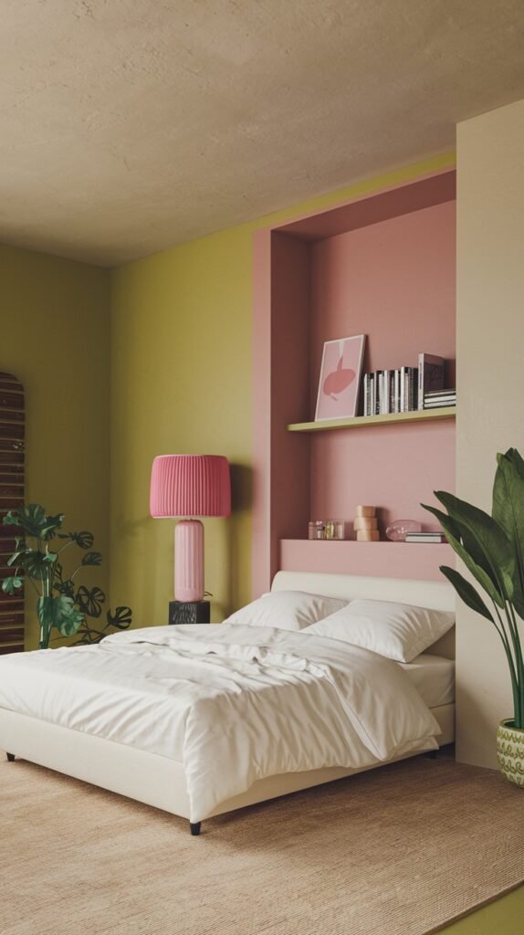 A modern bedroom with a minimalist white bed. The room has light green walls on one side and a pink accent wall with a built-in shelf containing books and a pink object. A large pink pleated lamp stands next to the bed. Green plants are placed on the floor. The room features a light beige carpet.