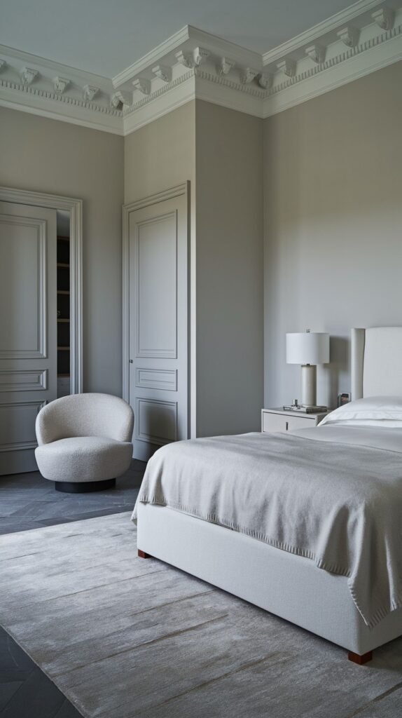 A minimalist bedroom in light grey tones with detailed white crown molding. A white upholstered bed with light grey bedding is against one wall. A white round armchair with a textured finish is in the corner. A light-colored rug with subtle patterns is on the dark floor.