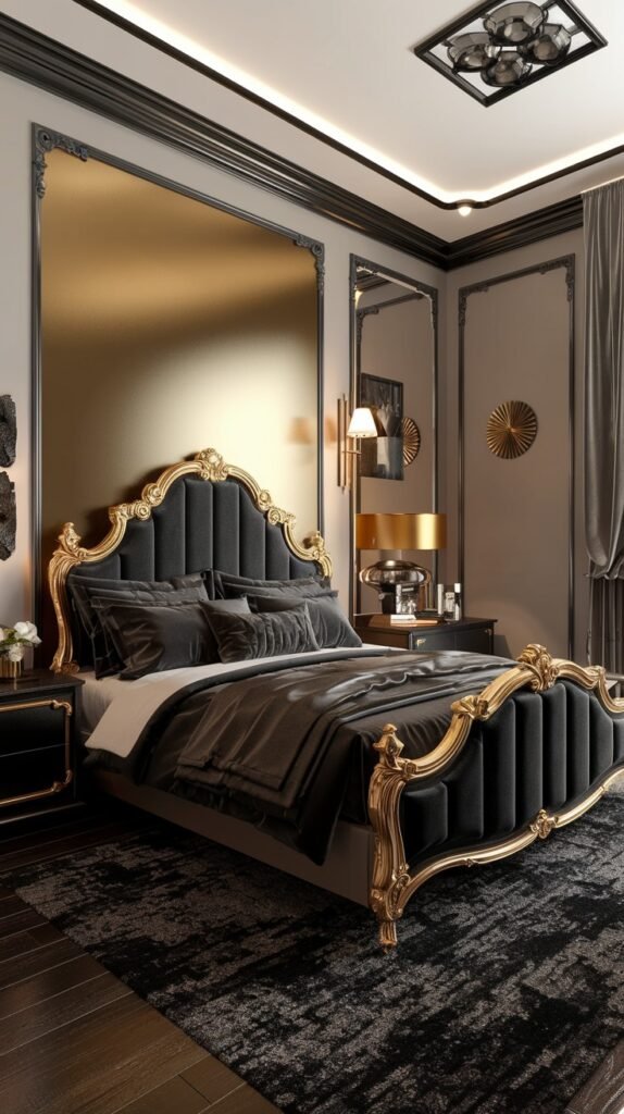 A luxurious and opulent bedroom with dark walls and gold accents. A large black upholstered bed with elaborate gold ornate framing is central. A large gold panel covers a significant portion of one wall. The room includes black nightstands and a dark, textured rug.