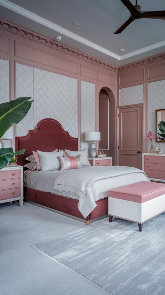 A sophisticated pink bedroom with pink paneled walls alternating with patterned light grey panels. The bed has a dark pink velvet upholstered headboard. A pink and white upholstered bench is at the foot of the bed. Pink nightstands and a dresser are also in the room. A light grey patterned rug covers the floor.