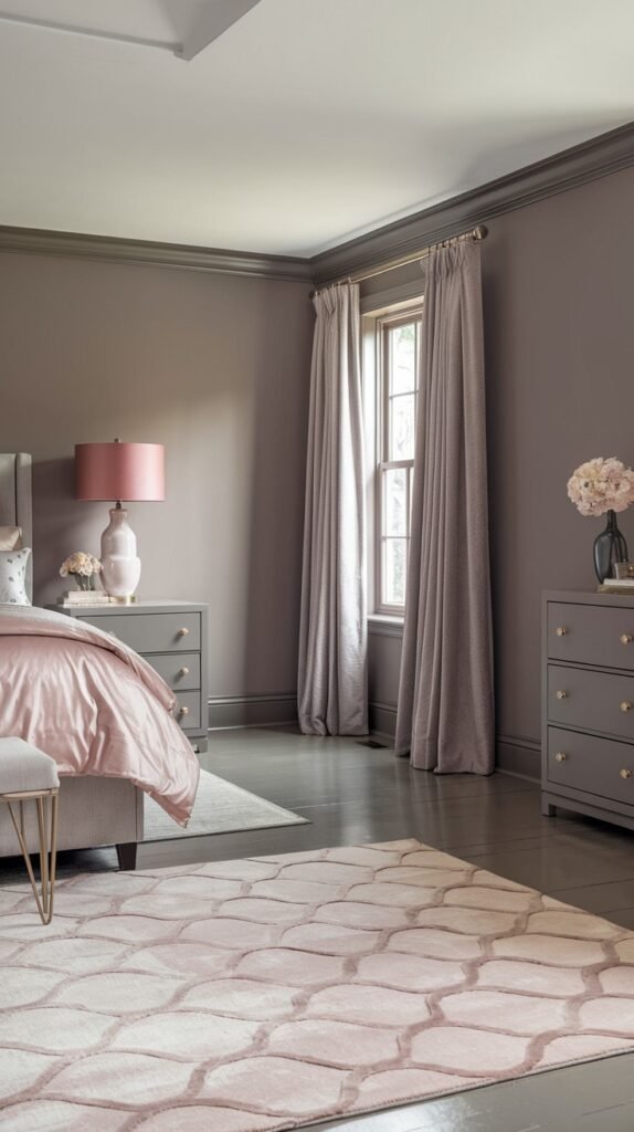 A bedroom with dark grey-mauve walls and a light pink bedspread. A tall pink lamp is on a grey nightstand. Grey dressers and light pink curtains are also visible. A light pink patterned rug with an organic shape design covers the floor.