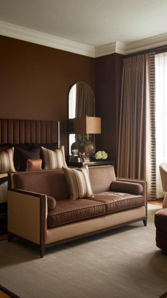 A luxurious bedroom features dark brown walls and a tufted brown headboard. A brown leather sofa with light beige fabric accents sits in the foreground, adorned with striped pillows. A large arched mirror and a pair of lamps with warm light are visible on a nightstand beside the bed. Brown curtains frame a window. The room has a light-colored rug.