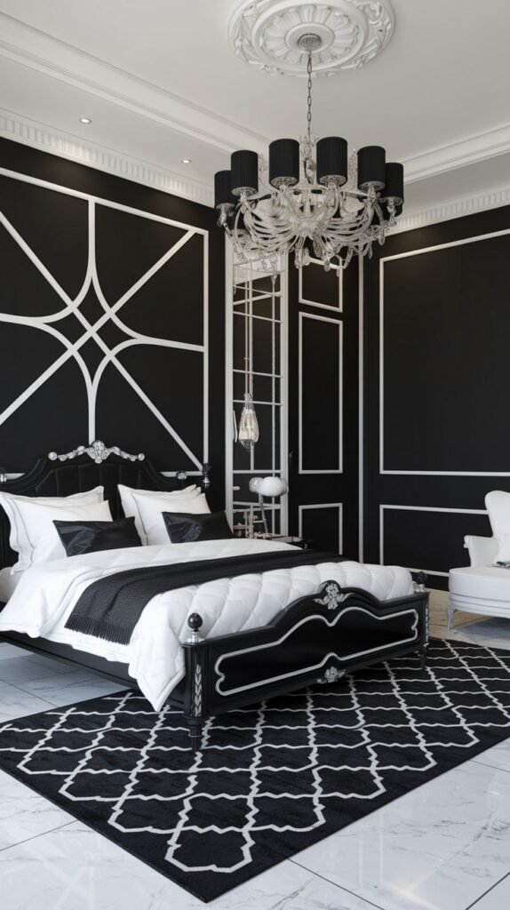 A dramatic bedroom with black walls featuring white geometric patterns and white crown molding. A black upholstered bed with white bedding and silver accents is centrally placed. A large chandelier with black shades hangs from the ceiling. A black and white geometric patterned rug covers a light-colored floor.