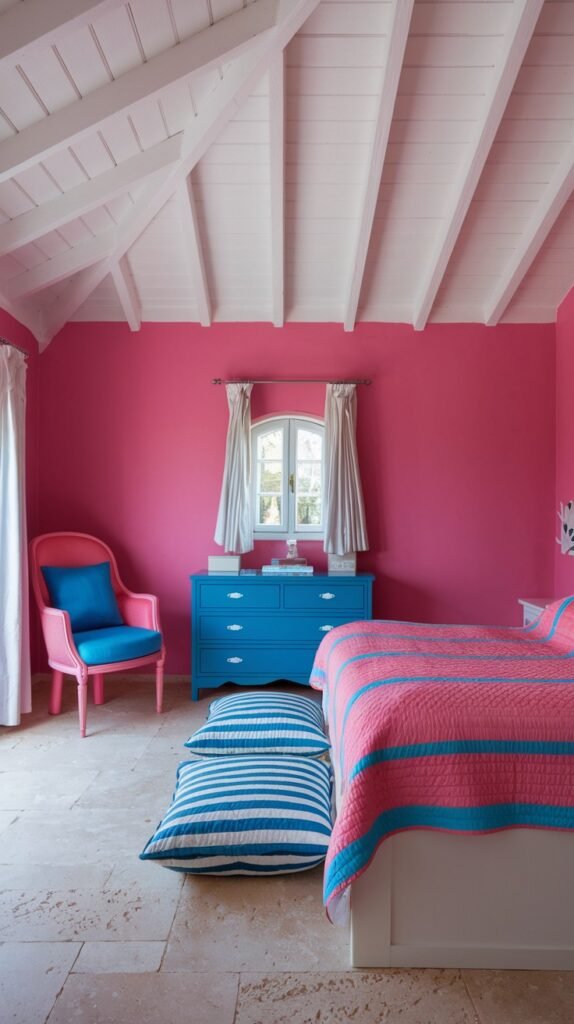 A bright and colorful bedroom with hot pink walls and a white vaulted ceiling with exposed beams. The bed has a pink and blue striped quilt. A bright blue dresser with a window above it is a focal point. A pink armchair with blue piping is in the corner. Two striped floor cushions are on the light-colored tiled floor.