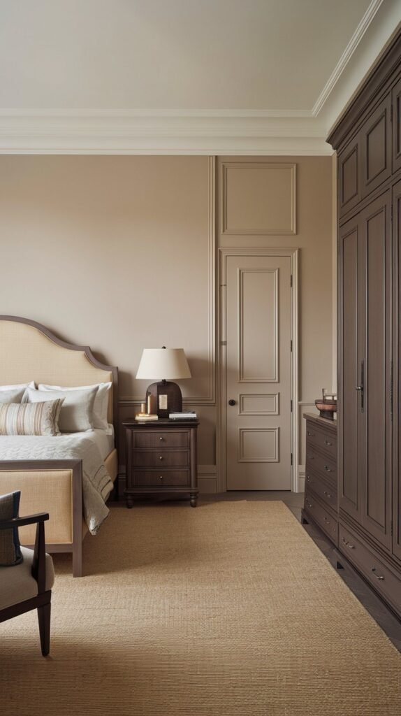 A serene bedroom with light beige walls and white crown molding. A large dark brown wardrobe stands along one wall. The bed has a beige upholstered headboard and neutral bedding. A dark wood nightstand with a lamp and decor is beside the bed. The floor is covered with a light brown textured rug.