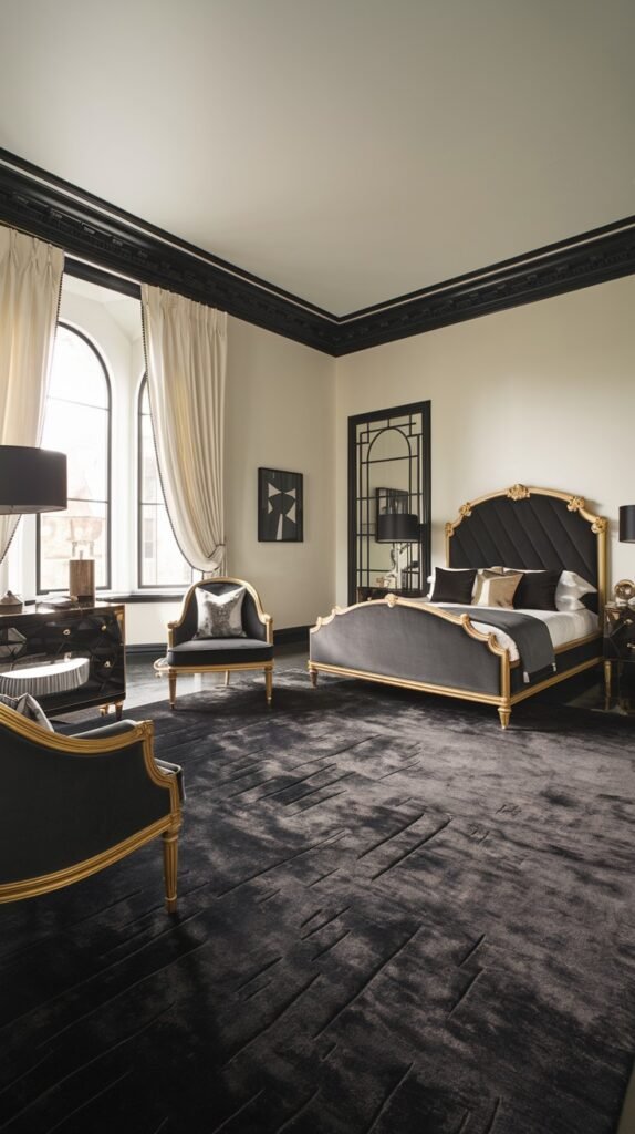 An elegant and dark-toned bedroom with black walls and white ceiling featuring black trim. A black upholstered bed with gold ornate framing is a prominent feature. Two black and gold accent chairs and a dark dresser are visible. A large dark rug with textured patterns covers the floor.