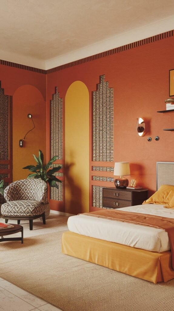 A bedroom with warm, earthy tones featuring orange walls with geometric patterns and arch designs in yellow and black accents. The bed has yellow and orange bedding. A patterned armchair sits in the foreground. A large plant and decorative wall sconces are present. A light beige rug covers the floor.