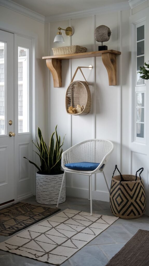 A coastal and refined entryway featuring a wooden wall shelf with a decorative light, several woven baskets, a white wicker chair with a blue cushion, a tall snake plant in a white textured pot, and multiple patterned rugs on a stone floor.
