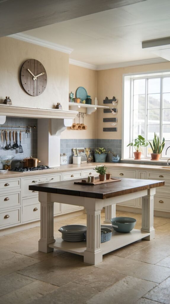 A spacious, coastal and refined kitchen featuring a large wooden-topped island with a white base, light-colored lower cabinets, a wooden wall clock, and various plants on the countertops and shelves.