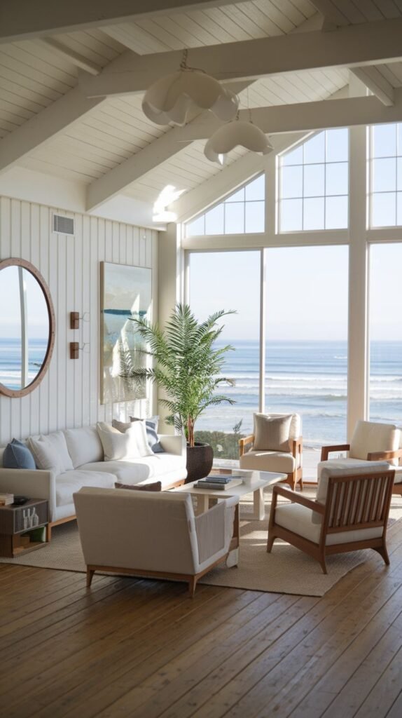A bright and airy, coastal and refined living room with white sofas and armchairs, a wooden coffee table, a tall potted palm, and large windows offering a panoramic ocean view, all under a white vaulted ceiling with exposed beams.