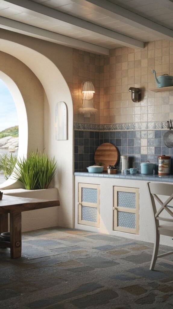 A coastal and refined outdoor or semi-enclosed kitchen area with blue and white patterned tiles, an arched opening to the outside, a wooden table, and a large green plant.