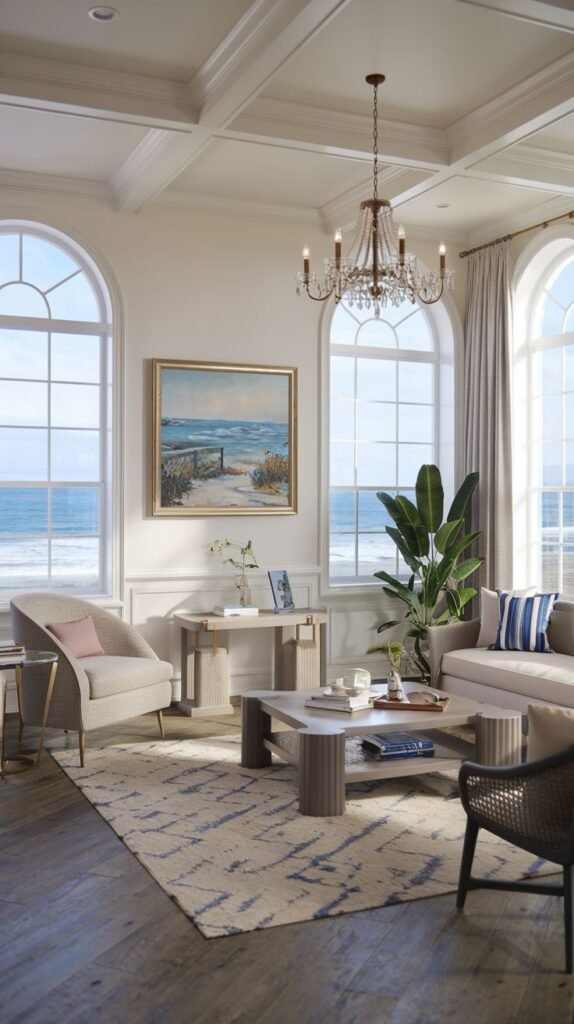 A luxurious, coastal and refined living room with a neutral-toned sofa and armchair, a sophisticated coffee table, a chandelier, and tall arched windows overlooking the ocean, adorned with a large framed seascape painting.